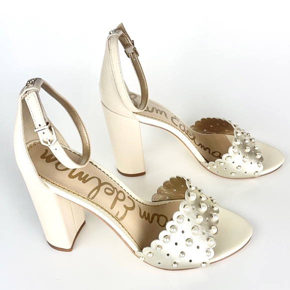 SAM EDELMAN | 👡Cream Leather Pearls Beaded Block Heel Shoes - Picture 4 of 10